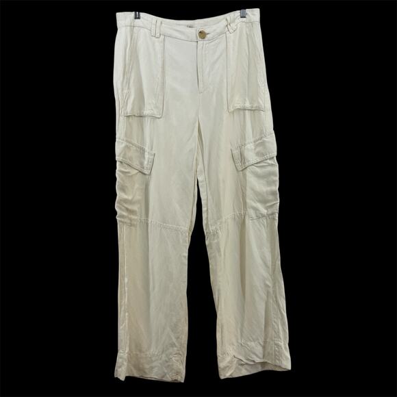 Vince Drop-Waist Wide-Leg Cargo Pants Size 10 Linen Blend Waist 36 Cream Ivory - Picture 1 of 8